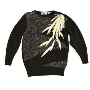 Vintage Black Sequin Metallic Feather Sweater 1980